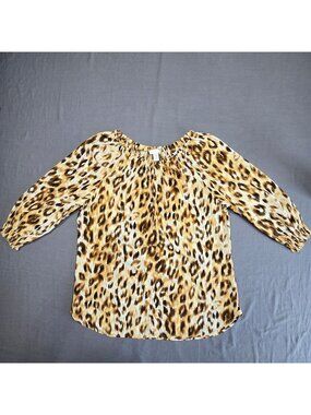 Chicos Size 1 Medium Animal Print Tunic Leopard Blouse Brown/Beige
